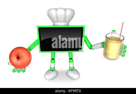 Caractère Green TV Chef main droite, apple dans la main gauche tenant un jus. Créer la télévision 3D Série de robot. Banque D'Images