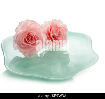 Arrangement floral. Deux roses de couleurs rouge sur fond blanc contre plaque Banque D'Images