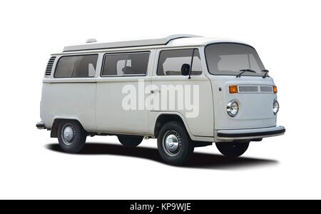 Retro mini van camping-side view isolated on white Banque D'Images