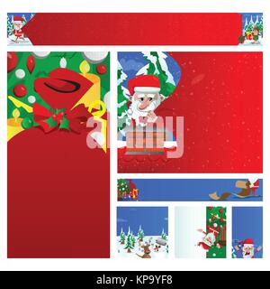 Bannière de Noël ensemble. Grand sac Santa tirant de cadeaux, lecture, chant, naughty list accrochée à un arbre et en montrant une ouverture vierge. Renne et Illustration de Vecteur