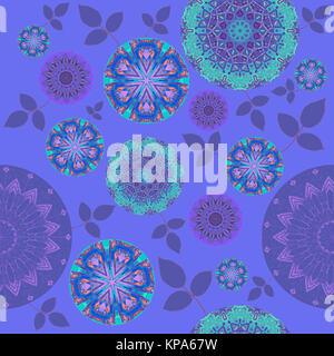 Résumé Contexte géométrique parfaite, motif floral, diverses fleurs circulaire en violet, turquoise, rose, violet et orange avec des feuilles pourpres sur violet, rêveur et ornementé Banque D'Images