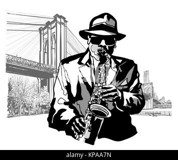 Le saxophoniste à Pont de Brooklyn - vector illustration Illustration de Vecteur