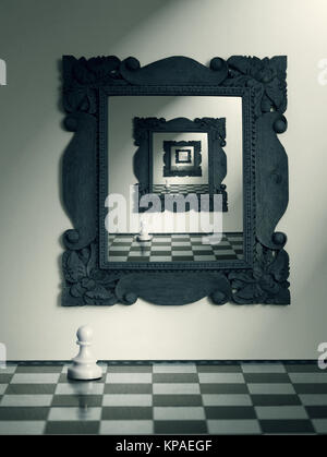 Miroir sur le mur et d'échecs pion et leur réflexion répétée dans le miroir Banque D'Images