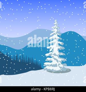 Noël hiver paysage avec des silhouettes de montagnes, de neige et de la forêt au lever du soleil. Illustration de Vecteur