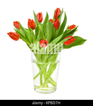 Tulipes rouges dans un vase d'argile était sur fond blanc. Carte de vœux ou élément de conception pour la fête des mères ou toute autre fête du printemps. L'espace pour votre Banque D'Images