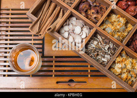 La médecine de fines herbes chinoise dans la case sur la table. Banque D'Images