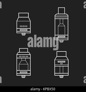 Vector illustrations monochromes décrivent divers rebuildable larmiers et atomiseurs tank vape types ANR RDTA RTA EBR isolé sur fond noir Illustration de Vecteur