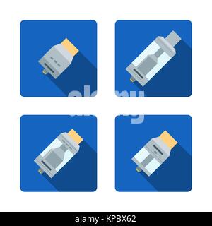 Design plat coloré vecteur illustrations diverses rebuildable larmiers et atomiseurs tank vape types ANR RDTA RTA EBR long shadow square icônes bleues isolat Illustration de Vecteur