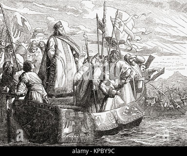 Frédéric Barberousse traversant le Bosphore au cours de la Troisième Croisade. Frederick I, 1122 - 1190, alias Frédéric Barberousse. Saint Empire Romain Germanique, roi d'Allemagne, roi d'Italie et roi de Bourgogne. De Ward et verrouiller l'illustre l'histoire du monde, publié c.1882. Banque D'Images