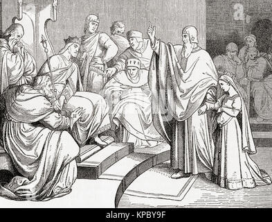 Otto IV recevant Beatrix de Souabe comme sa future femme, 1212. Béatrice ou Beatrix de Souabe, 1198 - 1212. Membre de la dynastie de Hohenstaufen, l'Impératrice et Reine allemande en 1212 comme la première épouse de l'empereur Otton Welf IV. Otto IV, 1175 - 1218. Roi de France et empereur du Saint Empire Romain. De Ward et verrouiller l'illustre l'histoire du monde, publié c.1882. Banque D'Images