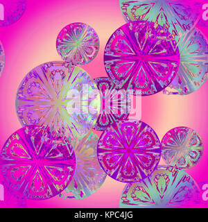 Abstract background transparent géométrique. Motif de cercles qui se chevauchent en violet, magenta, violet et turquoise sur des tons rose et jaune floue. Banque D'Images