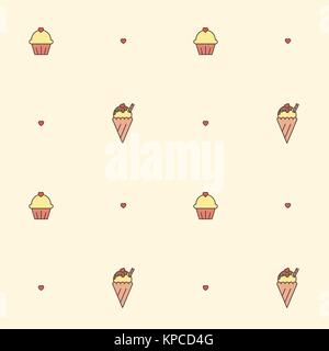 Modèle vectoriel continu. Motif de bonbons. Ice cream cup cake et le cœur. Illustration de Vecteur