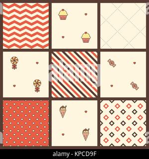 Ensemble de neuf modèle vectoriel continu. Motif de bonbons. La crème glacée. Lucette. Cupcake. Illustration de Vecteur
