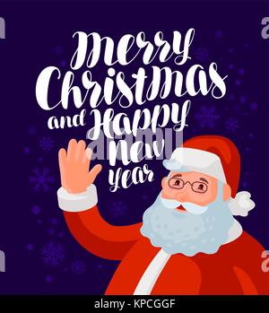 Joyeux Noël et Bonne Année, carte de vœux ou bannière. Jolly Santa Claus waving. Cartoon vector illustration Illustration de Vecteur