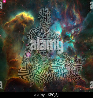 Le surréalisme. La figure de l'homme avec motif labyrinthe dans lotus de poser dans les flammes. Le rendu 3D. Certains éléments fournis avec l'aimable autorisation de NASA Banque D'Images