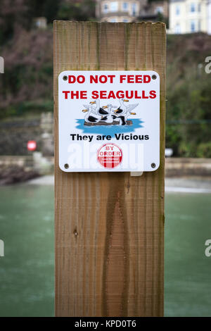 'Ne pas nourrir les mouettes, ils sont méchants' signe sur un poste en bois dans le port de Looe, Cornwall. Banque D'Images