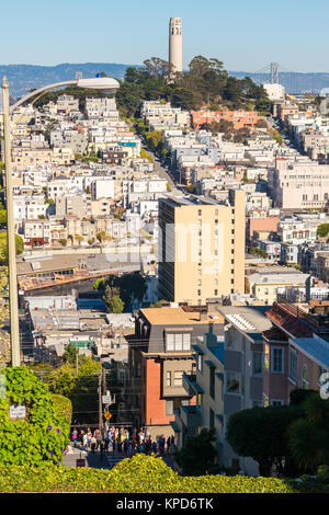 La Coit Tower monument vu de Lombard Street, San Francisco Banque D'Images