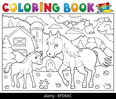 Livre de coloriage cheval avec poulain thème 2 Banque D'Images