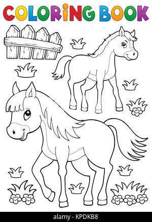 Livre de coloriage cheval avec poulain thème 1 Banque D'Images