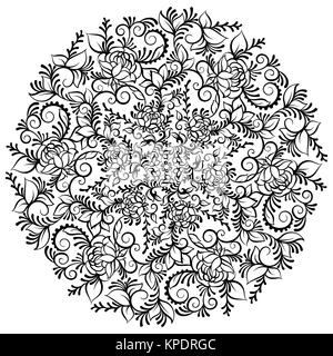 Fantaisie orné dessiné à la main fleur dans la couronne de feuilles et de tourbillons. Vector illustration isolé. Mandala fleur Banque D'Images