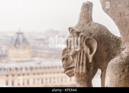 Libre d'une chimère de la cathédrale Notre-Dame de Paris (France) avec un bel exemplaire de l'espace sur sa gauche - à l'horizontale. Banque D'Images