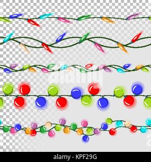 Les lumières de Noël Décorations vecteur. Jeu de lumières à plat. Mini-chaînes de lumières de Noël. Isolé sur fond transparent Illustration Illustration de Vecteur