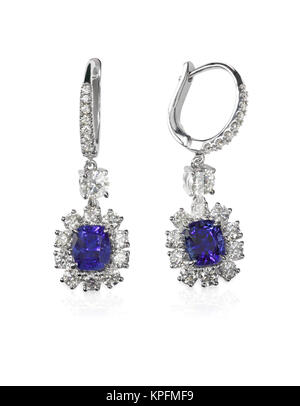 Pierre précieuse bleu tanzanite Saphir Boucles d'oreilles avec des brillants Banque D'Images