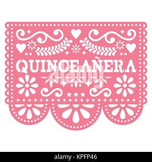 Quinceanera papel picado vector design - l'art populaire mexicain d'anniversaire design, décoration papier avec motif floral Illustration de Vecteur