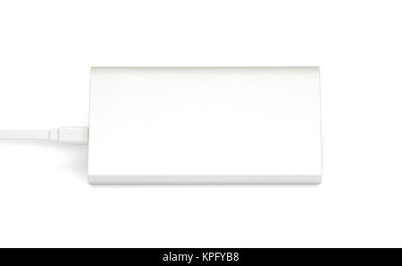 Banque d'alimentation d'argent isolé sur fond blanc avec plug cable Banque D'Images