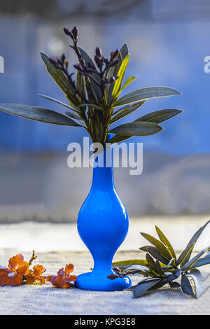 Couleur rouge fleurs aromatiques dans un sac de jute sur le vase bleu. Banque D'Images