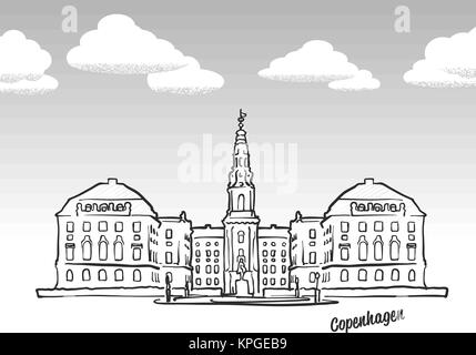 Copenhague, Danemark célèbre de croquis. Dessin Dessin à la main. L'icône de carte de vœux avec un titre, vector illustration Illustration de Vecteur