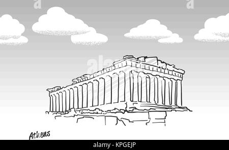 Athènes, Grèce temple fameux sketch. Dessin Dessin à la main. L'icône de carte de vœux avec un titre, vector illustration Illustration de Vecteur