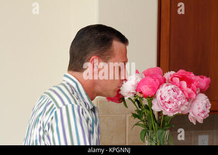 Respirant l'odeur de fleurs de pivoine Banque D'Images