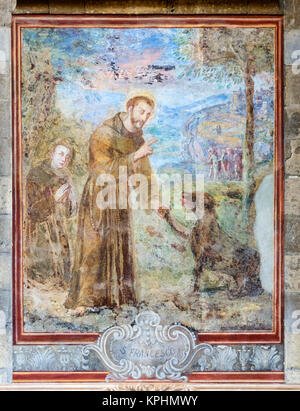 Fresque de saint François dans le cloître de Santa Chiara (Chiostro di Santa Chiara), le couvent de Santa Chiara, à Naples, Campanie, Italie Banque D'Images