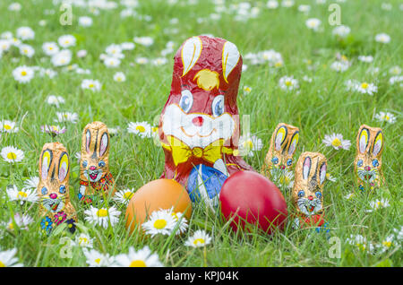 Lapins de chocolat emballées avec des oeufs de Pâques dans l'herbe Banque D'Images