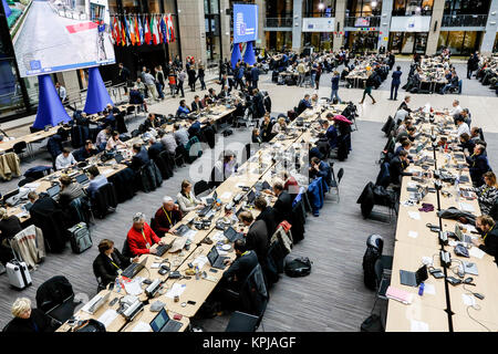 Bruxelles, Belgique, le 15 décembre 2017 : Centre de presse au cours du sommet du Conseil européen Crédit : Dominika Zarzycka/Alamy Live News Banque D'Images