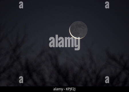 Merton, Londres, Royaume-Uni. 16 Décembre, 2017. 3 % allumé dernier croissant lune se lève sur l'ouest de Londres dans la région de clear sky tôt le matin glacial. Credit : Malcolm Park/Alamy Live News Banque D'Images