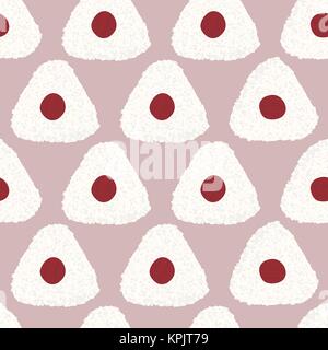 Onigiri (boule de riz japonais) avec des prunes au vinaigre. Modèle sans couture. Onigiri comme drapeau stylisé du Japon. Le déjeuner de texture. Tapis de bambou. Balle de riz Triangle. Fo Illustration de Vecteur