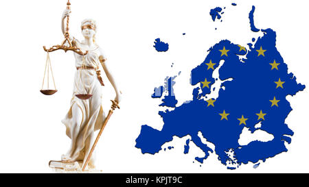 Justice blanche figure en face des contours de l'Europe Banque D'Images