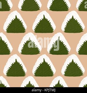 Onigiri enveloppé dans des feuilles Perilla. Modèle sans couture. Balle de riz japonais Shiso en feuille. Basilic japonais. Le déjeuner de texture. Balle de riz Triangle. Pour le papier peint, Illustration de Vecteur