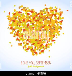 T'aime, septembre bannière. Symbole coeur faits de feuilles en automne. Dans le cadre de texte. Fond chaud d'automne avec l'exemplaire de l'espace. La chute des feuilles. Carte postale feuillage coloré Illustration de Vecteur