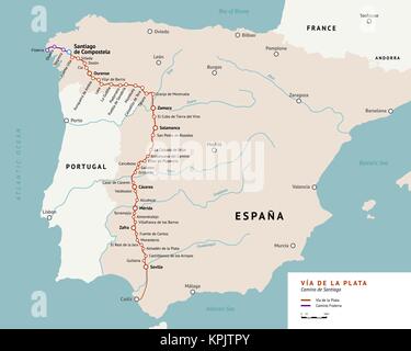 Vía de la Plata carte. La route d'argent. Camino de Santiago ou le chemin de St Jacques en Espagne. Chemin de pèlerinage antique au sud de l'Espagne à Santiago Illustration de Vecteur