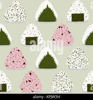 Onigiri pattern. Balle de riz japonais. Modèle sans couture. Snack-asiatique. Algues Wakame, feuille de Shiso (perilla). Les graines de sésame. Les haricots adzuki (Sekihan). Illustration de Vecteur