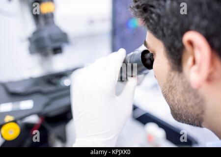 Male scientist using microscope, Close up. Banque D'Images