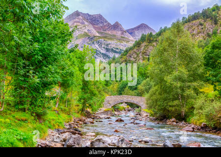 Image d'un pont de pierre sur le Gave de Gavarnie quelques kilomètres en aval du Cirque de Gavarnie dans les Pyrénées. Banque D'Images