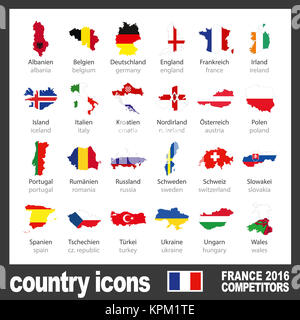 Cartes des pays modernes avec drapeau - Euro 2016 participants en France de couleur Banque D'Images