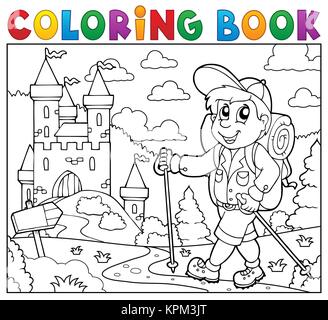 Livre de coloriage hiker près de Castle Banque D'Images