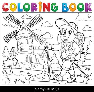 Livre de coloriage hiker près de Windmill Banque D'Images