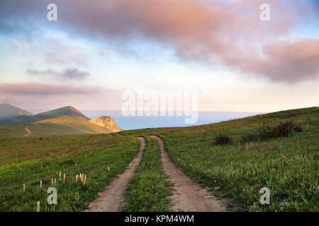 Prairie de printemps dans les collines. Mer sur l'arrière-plan Banque D'Images