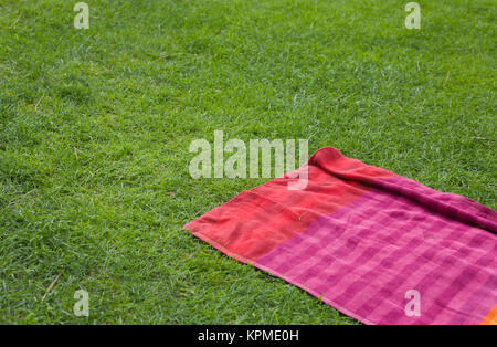 Serviette rouge sur l'herbe verte Banque D'Images